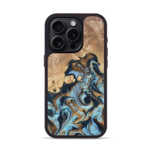 iPhone 15 Pro Wood+Resin Phone Case - Tyler (Teal & Gold, 673413) For Cheap