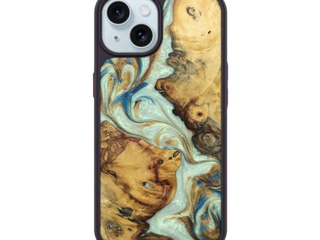 iPhone 15 Wood+Resin Phone Case - Eric (Teal & Gold, 675079) Sale