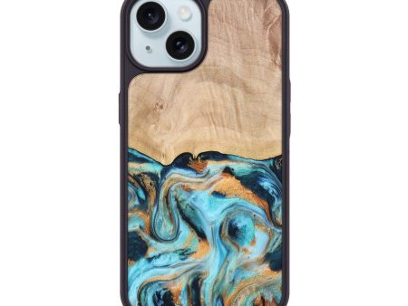 iPhone 15 Wood+Resin Phone Case - Annette (Teal & Gold, 676005) Cheap