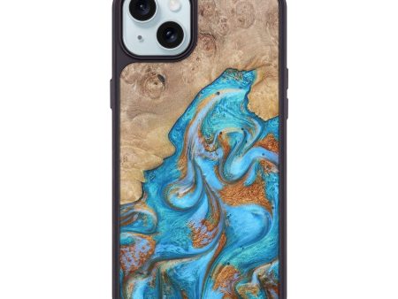 iPhone 15 Plus Wood+Resin Phone Case - Casey (Teal & Gold, 675994) Online now