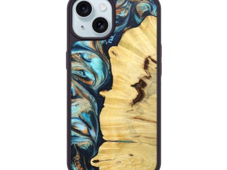 iPhone 15 Wood+Resin Phone Case - Israel (Teal & Gold, 676012) For Sale