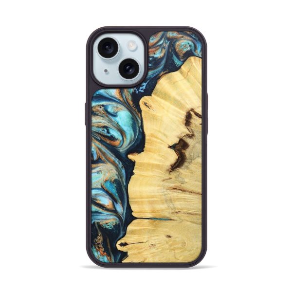 iPhone 15 Wood+Resin Phone Case - Israel (Teal & Gold, 676012) For Sale