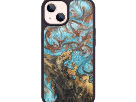 iPhone 14 Wood+Resin Phone Case - Evangeline (Teal & Gold, 673397) Discount