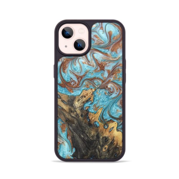 iPhone 14 Wood+Resin Phone Case - Evangeline (Teal & Gold, 673397) Discount