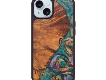 iPhone 15 Wood+Resin Phone Case - Alexis (Teal & Gold, 672879) For Cheap