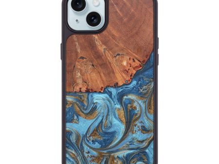 iPhone 15 Plus Wood+Resin Phone Case - Alison (Teal & Gold, 675451) Online now